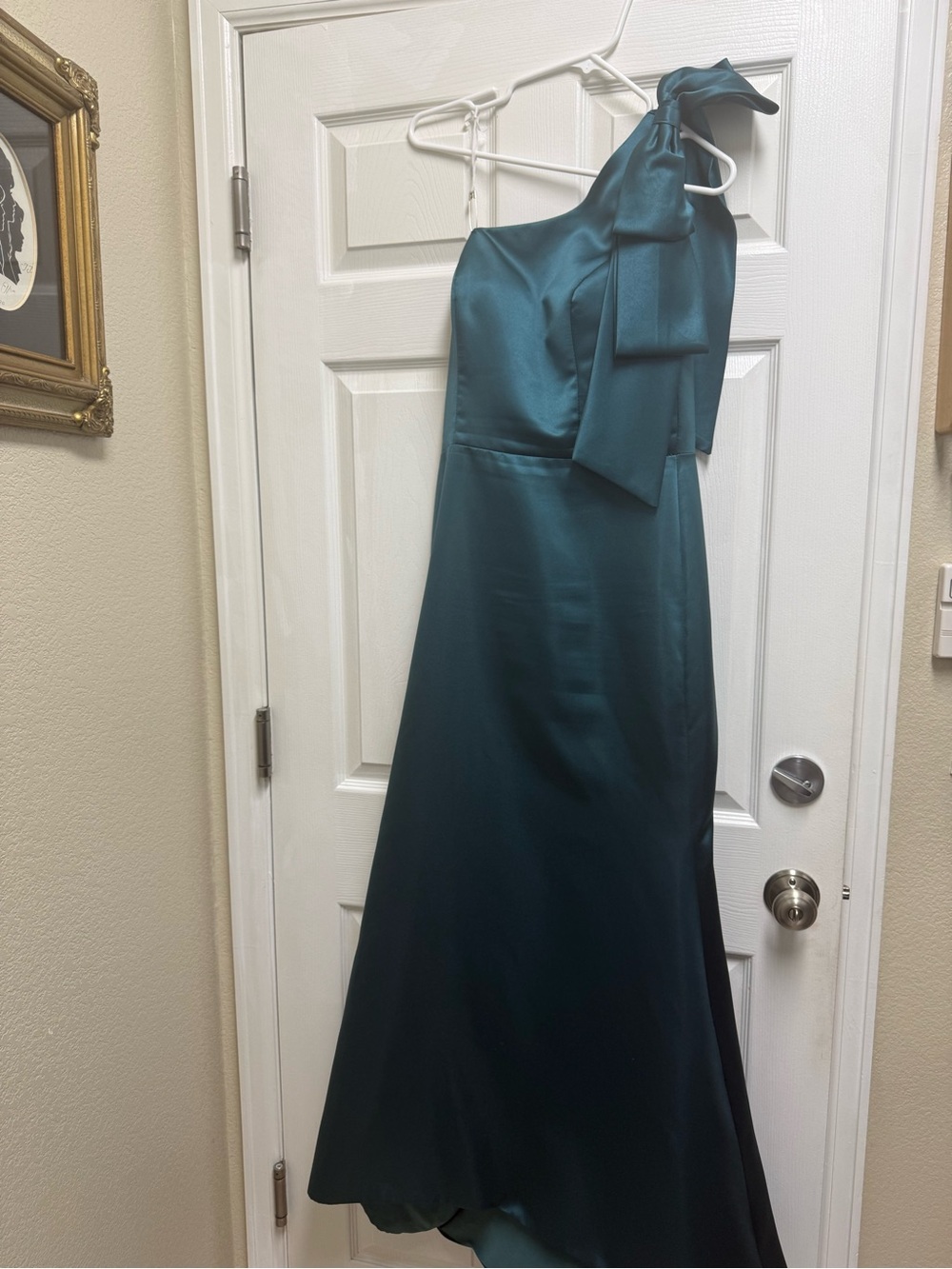 Asymmetrical One-Shoulder Teal Satin Gown with Shoulder Bow